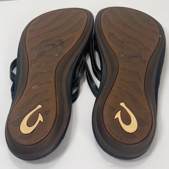 Olukai Black Leather Strappy Thong Sandals Women's 10 Beachy Summer Party - Picture 2 of 14